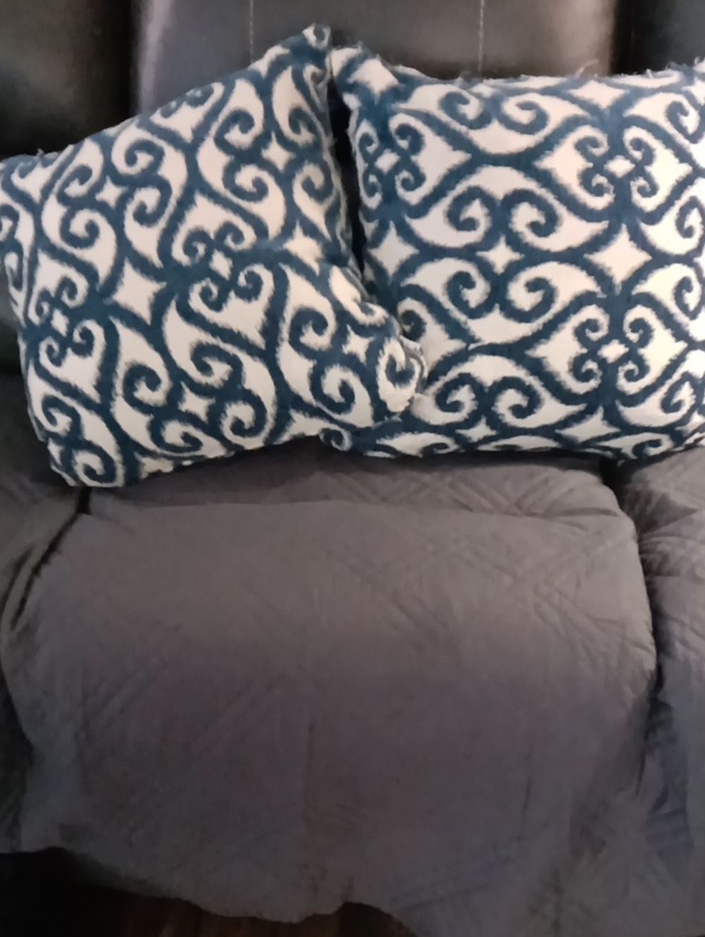 Home Essentials Blue and White Scroll Accent Throw Pillows Gently Used.